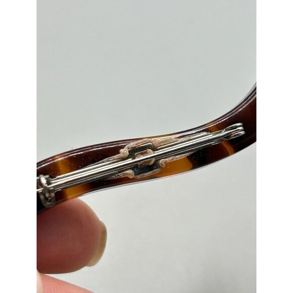 Vintage Celluloid Squiggle Shaped Pin Brooch Rhinestones Brown Early Plastic Pin - Picture 6 of 7